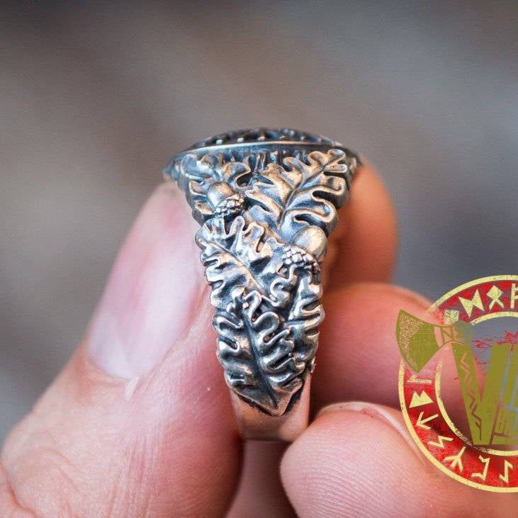 Sterling Silver Ring with Helm of Awe Symbol and Oak Leaves with Acorns - VikingsBrand