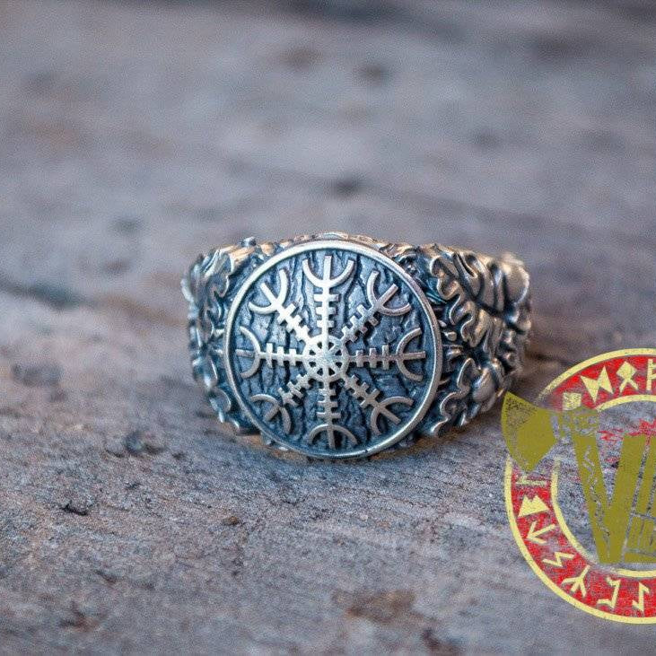 Sterling Silver Ring with Helm of Awe Symbol and Oak Leaves with Acorns - VikingsBrand