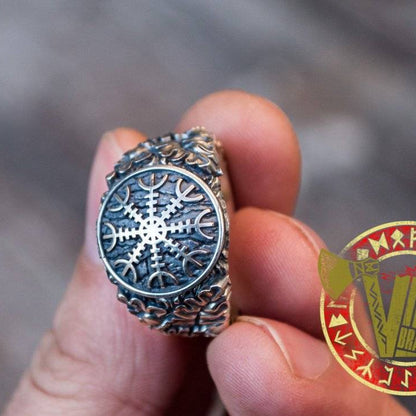 Sterling Silver Ring with Helm of Awe Symbol and Oak Leaves with Acorns - VikingsBrand