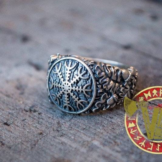 Sterling Silver Ring with Helm of Awe Symbol and Oak Leaves with Acorns - VikingsBrand