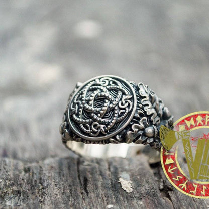 Sterling Silver Ring with Jormungandr Symbol, Oak Leaves and Acorns - VikingsBrand