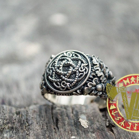 Sterling Silver Ring with Jormungandr Symbol, Oak Leaves and Acorns - VikingsBrand
