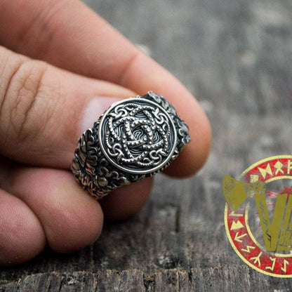 Sterling Silver Ring with Jormungandr Symbol, Oak Leaves and Acorns - VikingsBrand
