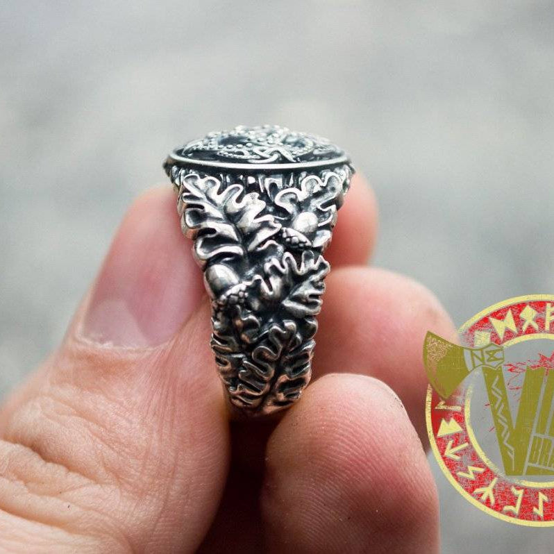 Sterling Silver Ring with Jormungandr Symbol, Oak Leaves and Acorns - VikingsBrand