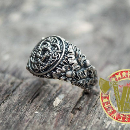 Sterling Silver Ring with Jormungandr Symbol, Oak Leaves and Acorns - VikingsBrand