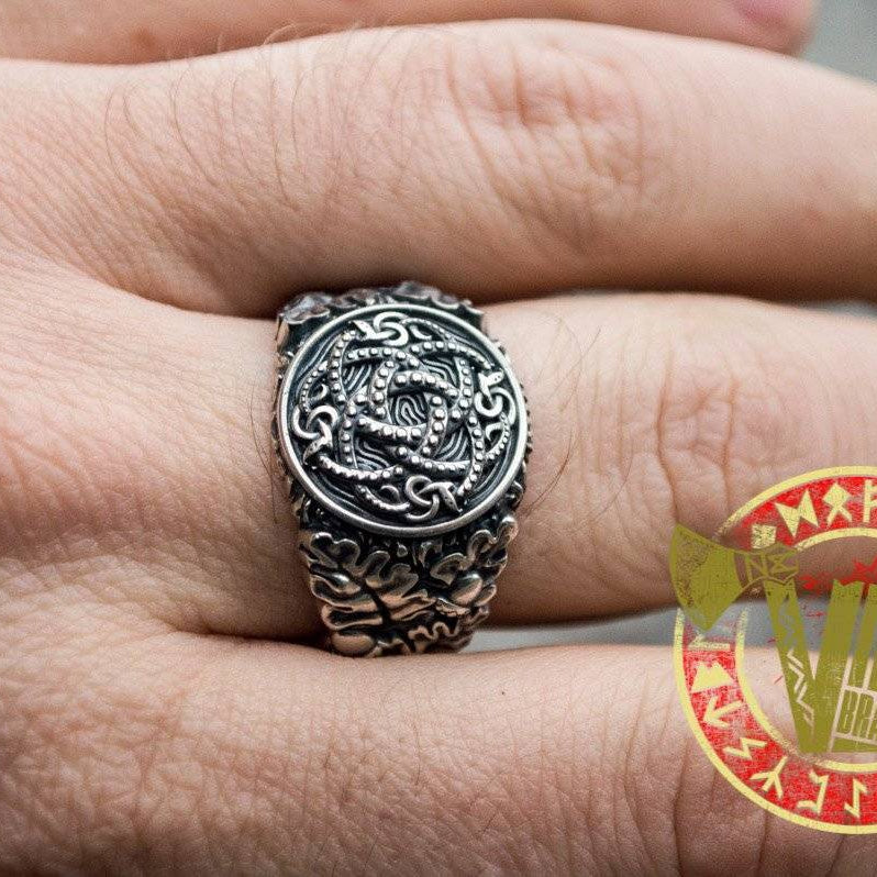 Sterling Silver Ring with Jormungandr Symbol, Oak Leaves and Acorns - VikingsBrand