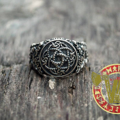 Sterling Silver Ring with Jormungandr Symbol, Oak Leaves and Acorns - VikingsBrand