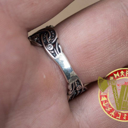 Sterling Silver Ring with Odin Horn Symbol with Norse Ornament - VikingsBrand