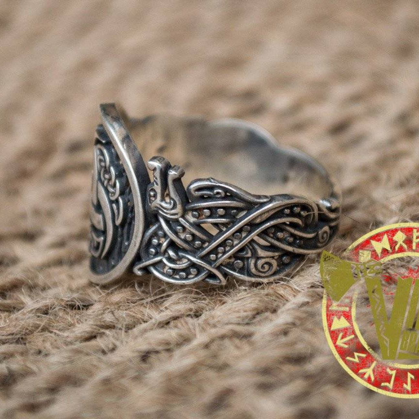 Sterling Silver Ring with Odin Horn Symbol with Norse Ornament - VikingsBrand