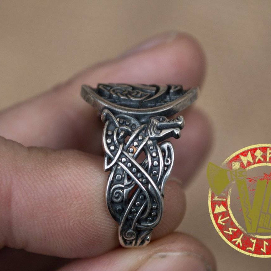 Sterling Silver Ring with Odin Horn Symbol with Norse Ornament - VikingsBrand