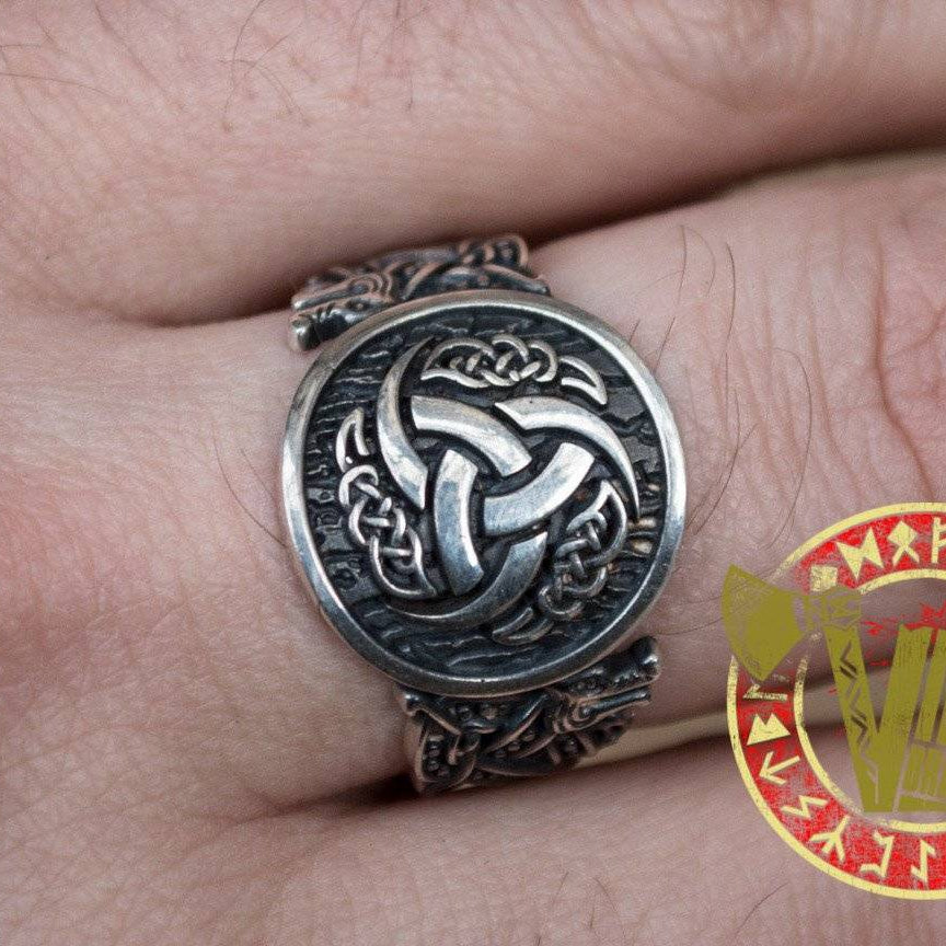 Sterling Silver Ring with Odin Horn Symbol with Norse Ornament - VikingsBrand