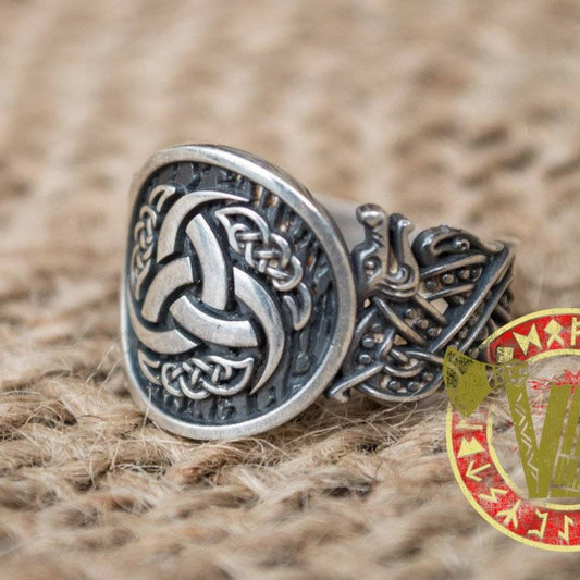 Sterling Silver Ring with Odin Horn Symbol with Norse Ornament - VikingsBrand