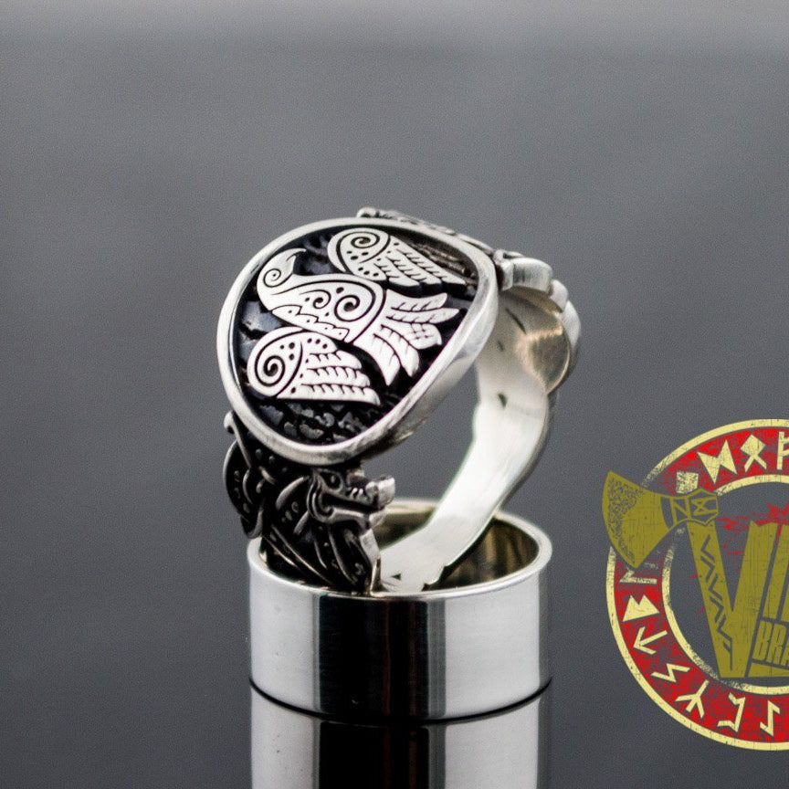 Sterling Silver Ring with Raven Symbol and Norse Ornament - VikingsBrand