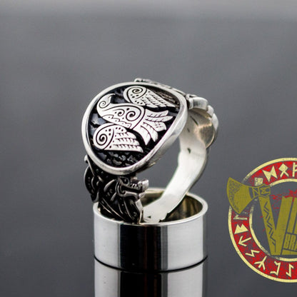 Sterling Silver Ring with Raven Symbol and Norse Ornament - VikingsBrand