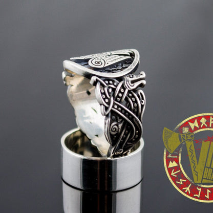 Sterling Silver Ring with Raven Symbol and Norse Ornament - VikingsBrand