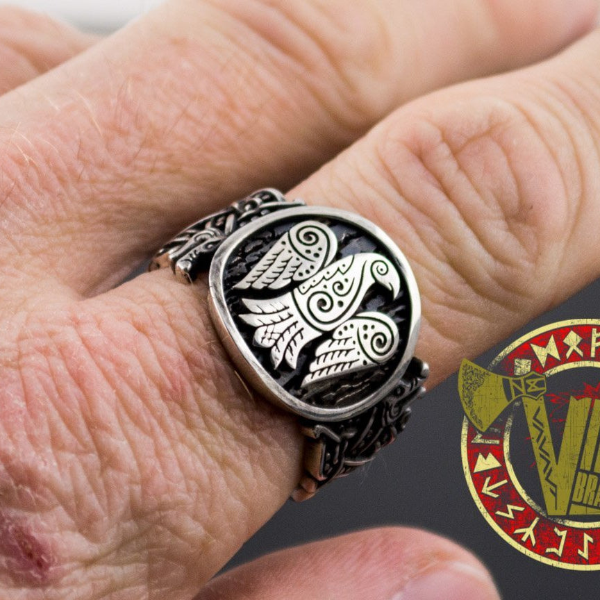 Sterling Silver Ring with Raven Symbol and Norse Ornament - VikingsBrand