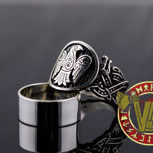 Sterling Silver Ring with Raven Symbol and Norse Ornament - VikingsBrand