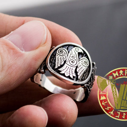 Sterling Silver Ring with Raven Symbol and Norse Ornament - VikingsBrand