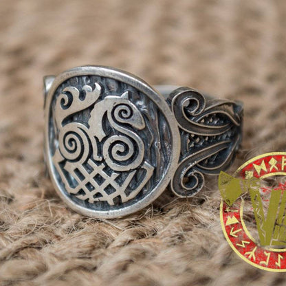 Sterling Silver Ring with Sleipnir Symbol and Norse Ornament - VikingsBrand