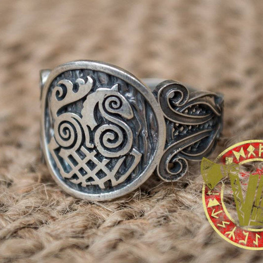 Sterling Silver Ring with Sleipnir Symbol and Norse Ornament - VikingsBrand