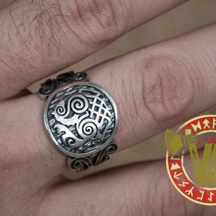 Sterling Silver Ring with Sleipnir Symbol and Norse Ornament - VikingsBrand