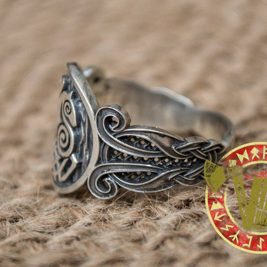 Sterling Silver Ring with Sleipnir Symbol and Norse Ornament - VikingsBrand