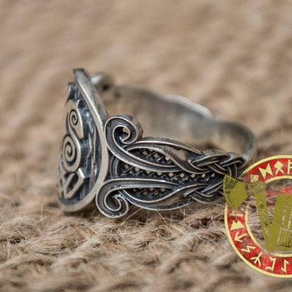 Sterling Silver Ring with Sleipnir Symbol and Norse Ornament - VikingsBrand