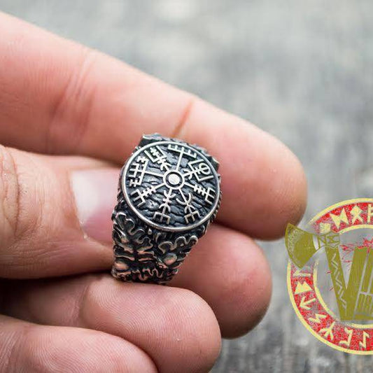 Sterling Silver Ring with Vegvisir Symbol and Oak Leaves - VikingsBrand