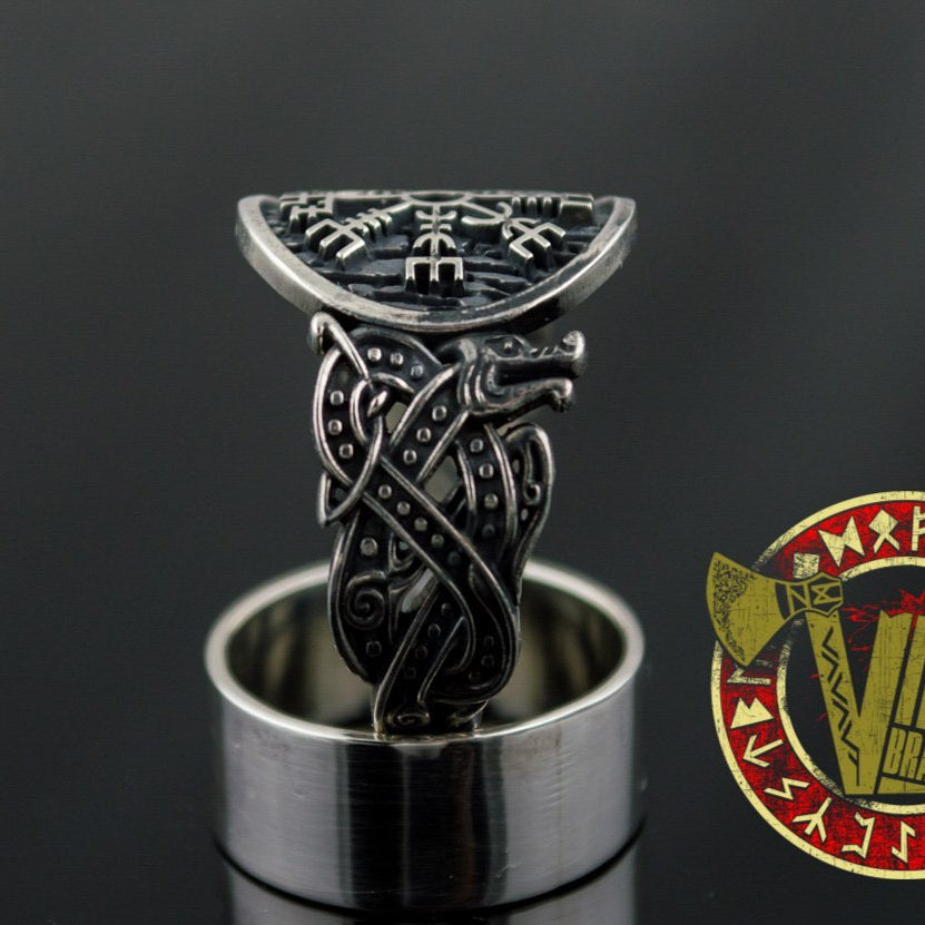 Sterling Silver Ring with Vegvisir Symbol and Wolf Ornament - VikingsBrand