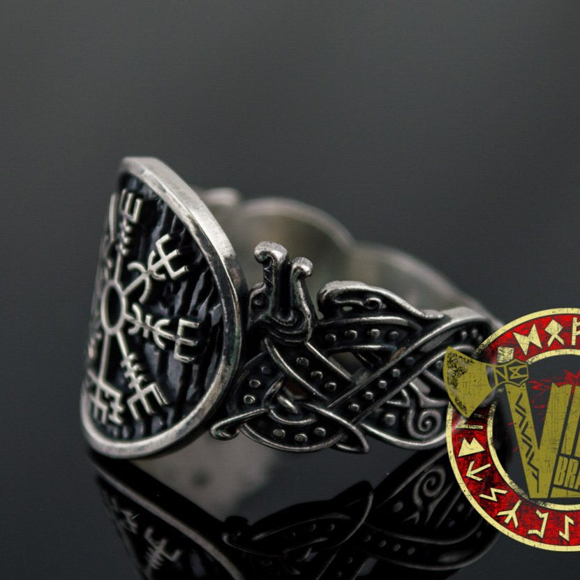 Sterling Silver Ring with Vegvisir Symbol and Wolf Ornament - VikingsBrand