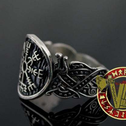 Sterling Silver Ring with Vegvisir Symbol and Wolf Ornament - VikingsBrand
