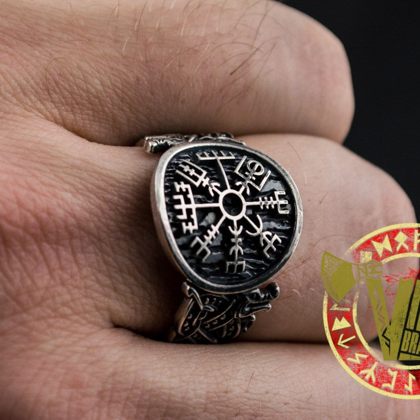 Sterling Silver Ring with Vegvisir Symbol and Wolf Ornament - VikingsBrand