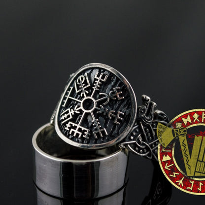 Sterling Silver Ring with Vegvisir Symbol and Wolf Ornament - VikingsBrand