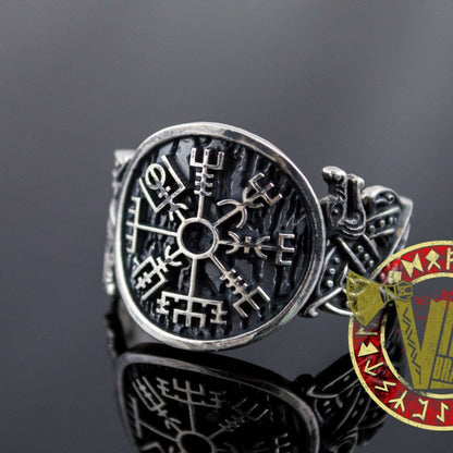 Sterling Silver Ring with Vegvisir Symbol and Wolf Ornament - VikingsBrand
