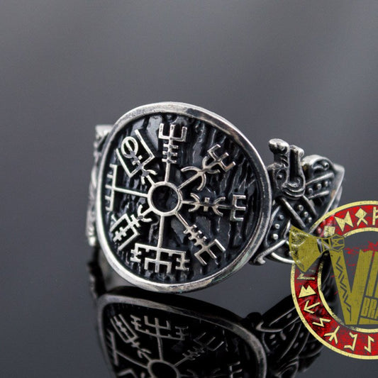 Sterling Silver Ring with Vegvisir Symbol and Wolf Ornament - VikingsBrand