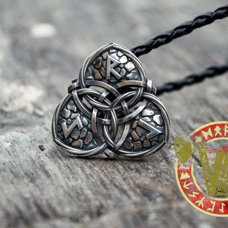 Sterling Silver Triquetra Symbol with Viking Runes Norse Pendant - VikingsBrand