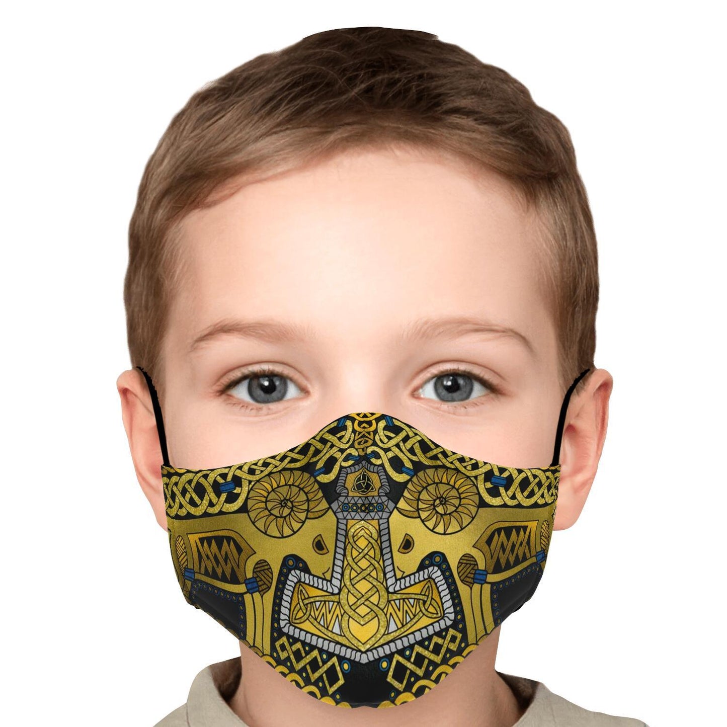 Tanngrisnir and Tanngnjóstr with Mjolnir Black-Gold Viking Face Mask Cover