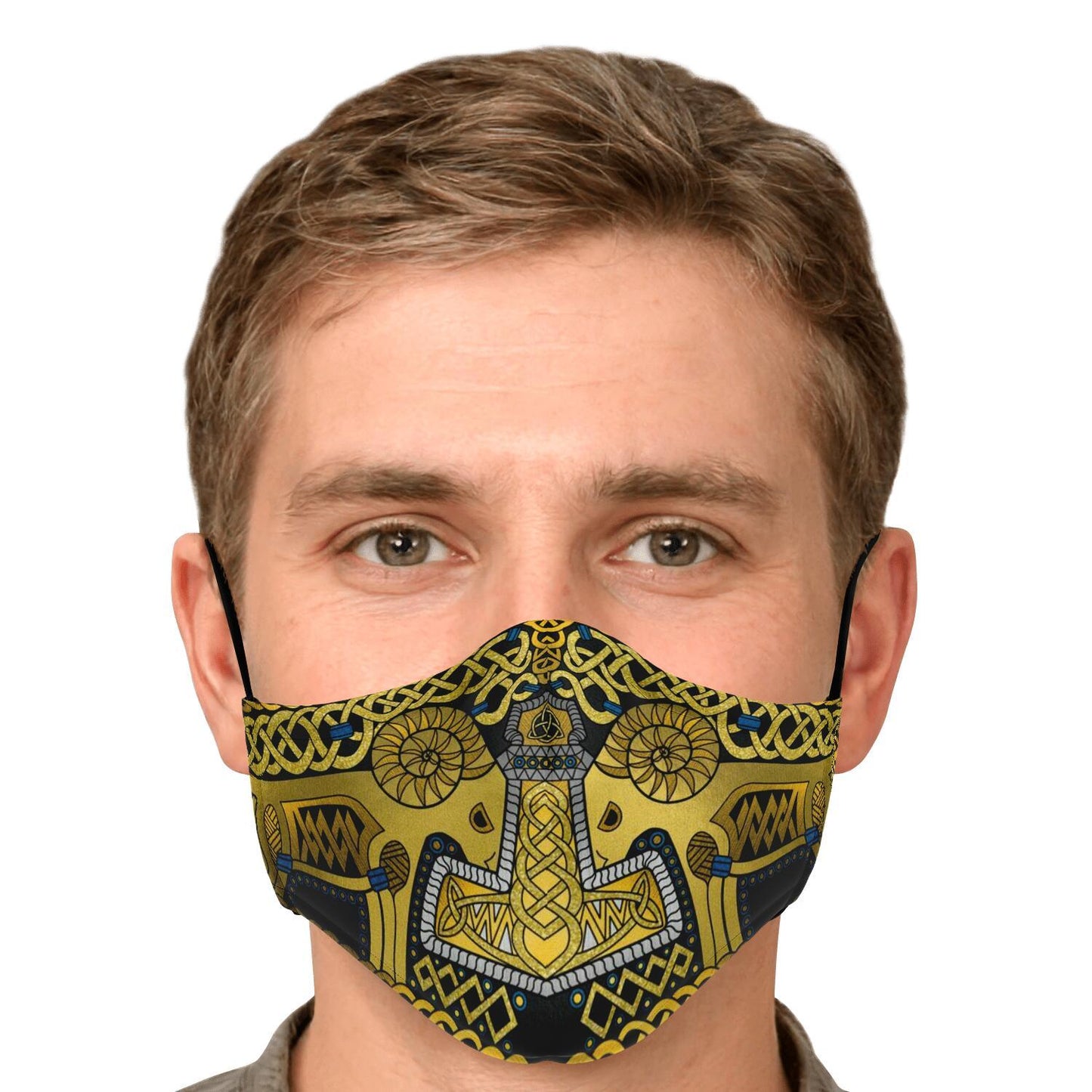 Tanngrisnir and Tanngnjóstr with Mjolnir Black-Gold Viking Face Mask Cover