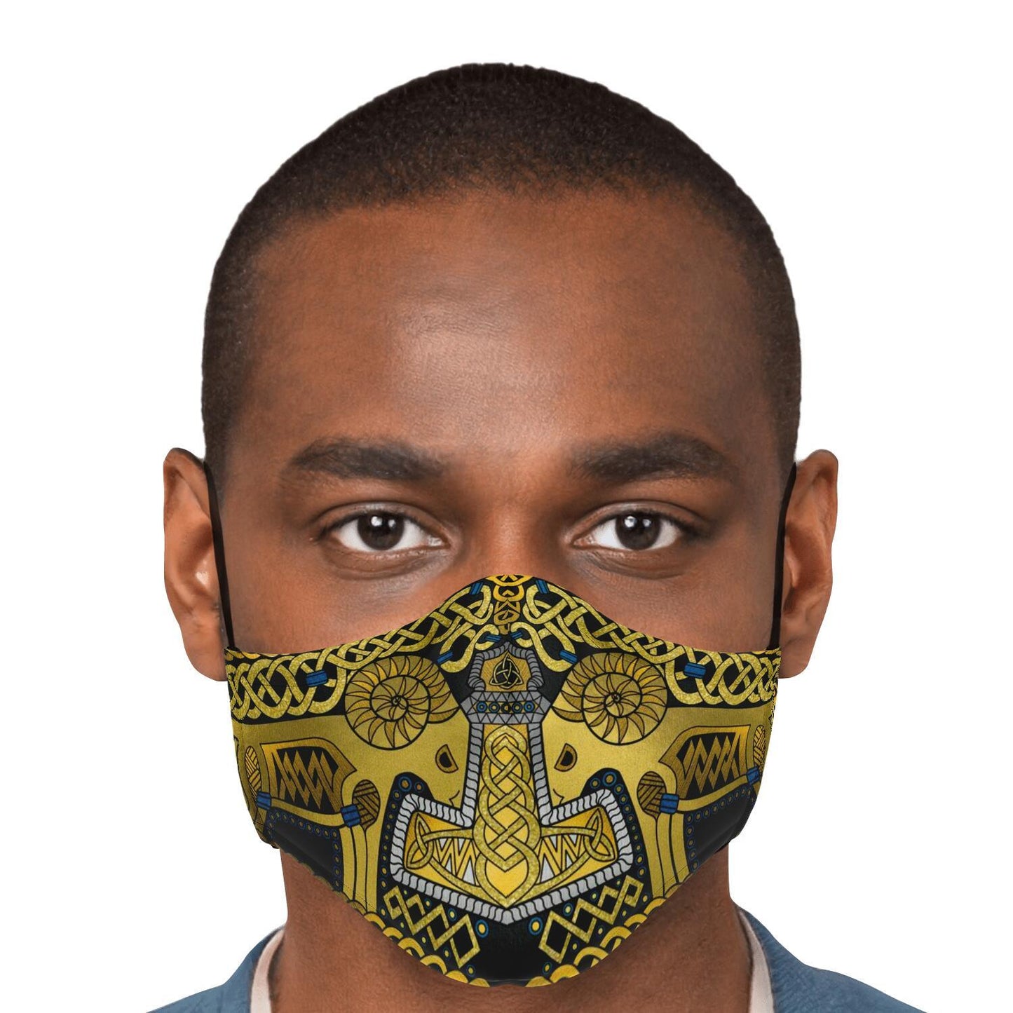 Tanngrisnir and Tanngnjóstr with Mjolnir Black-Gold Viking Face Mask Cover