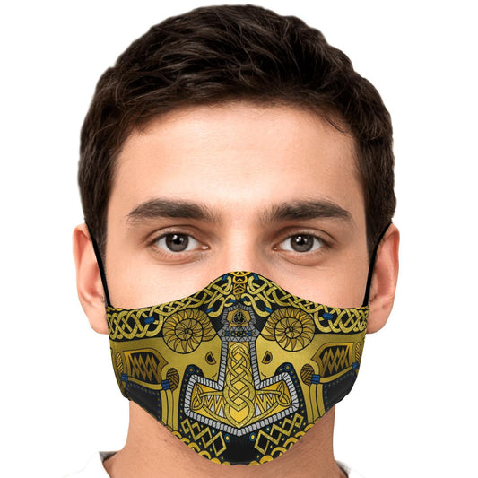 Tanngrisnir and Tanngnjóstr with Mjolnir Black-Gold Viking Face Mask Cover