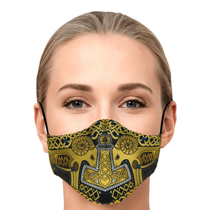 Tanngrisnir and Tanngnjóstr with Mjolnir Black-Gold Viking Face Mask Cover