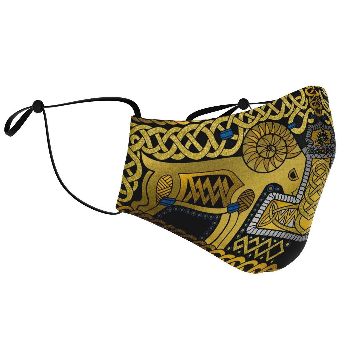 Tanngrisnir and Tanngnjóstr with Mjolnir Black-Gold Viking Face Mask Cover