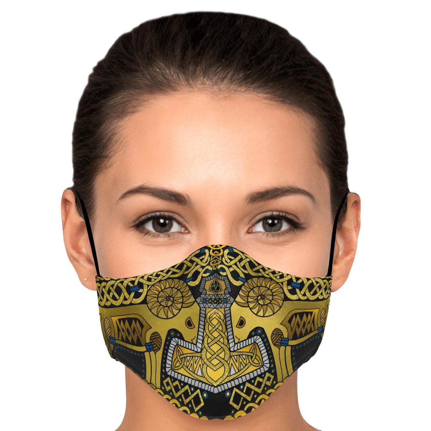 Tanngrisnir and Tanngnjóstr with Mjolnir Black-Gold Viking Face Mask Cover