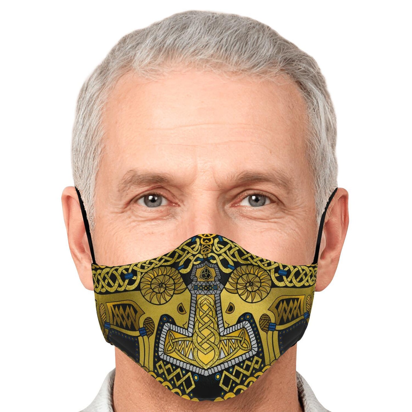 Tanngrisnir and Tanngnjóstr with Mjolnir Black-Gold Viking Face Mask Cover