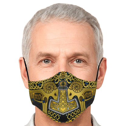 Tanngrisnir and Tanngnjóstr with Mjolnir Black-Gold Viking Face Mask Cover