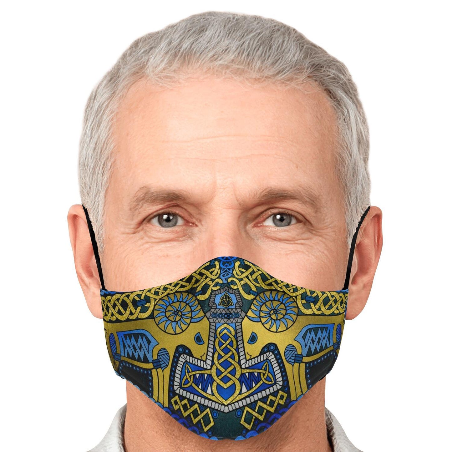 Tanngrisnir and Tanngnjóstr with Mjolnir Blue Viking Face Mask Cover