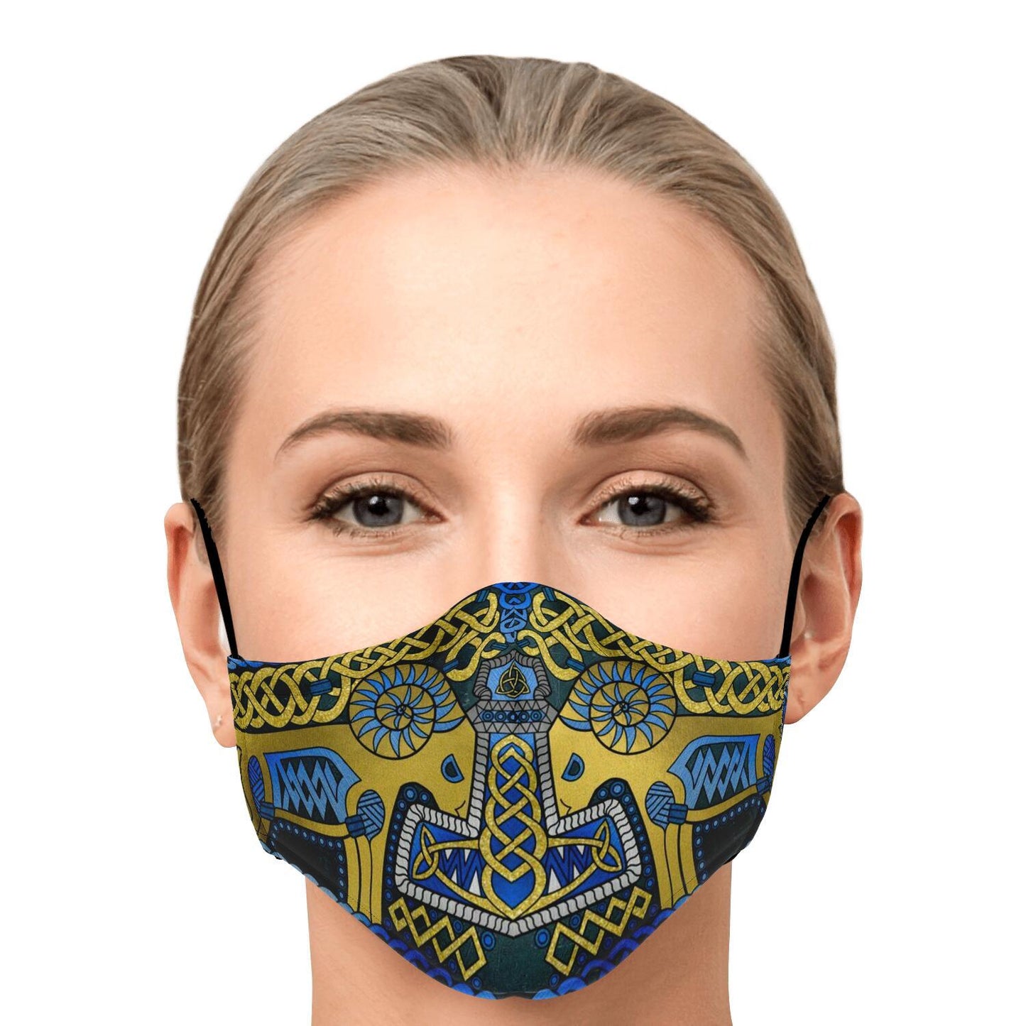 Tanngrisnir and Tanngnjóstr with Mjolnir Blue Viking Face Mask Cover