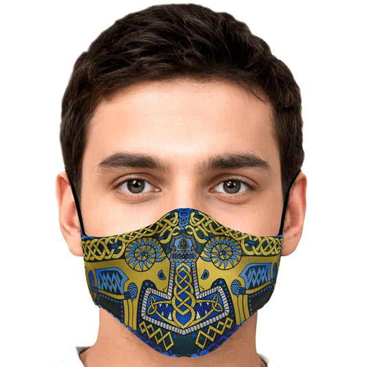 Tanngrisnir and Tanngnjóstr with Mjolnir Blue Viking Face Mask Cover