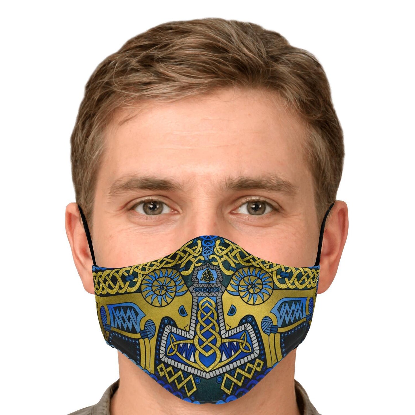 Tanngrisnir and Tanngnjóstr with Mjolnir Blue Viking Face Mask Cover