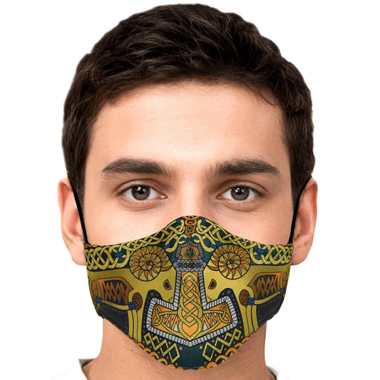 Tanngrisnir and Tanngnjóstr with Mjolnir Gold Viking Face Mask Cover